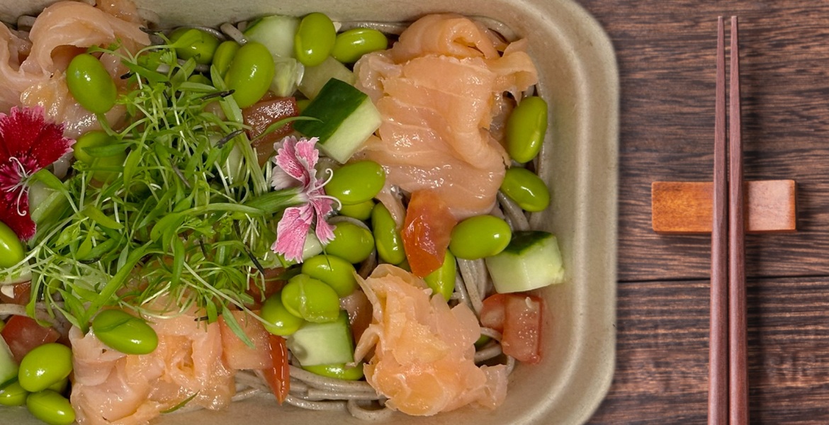 Smoked salmon, soba noodles and edamame with Japanese Dressing